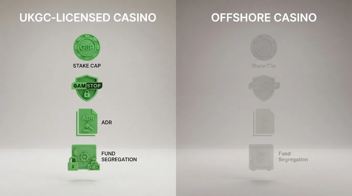 A structured visual side-by-side: the left panel lists UKGC-mandated safeguards (stake cap icon, GAMSTOP shield, ADR logo, fund-segregation lock) in green; the right panel shows the same icons greyed out or absent, with a question mark in their place