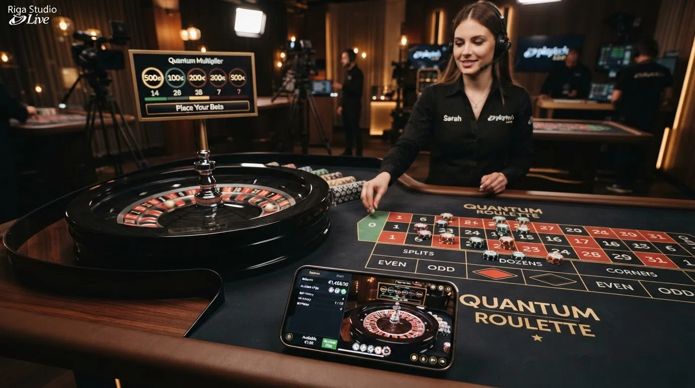 A Playtech live-dealer studio shot showing a Quantum Roulette table with the multiplier display active and a dealer in frame, streamed from the Riga studio