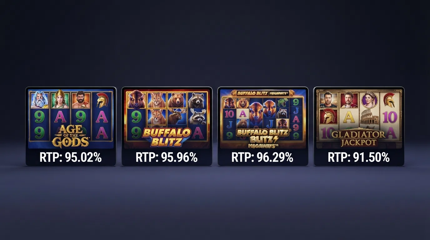 Four Playtech slot-tile close-ups arranged side by side — Age of the Gods, Buffalo Blitz, Buffalo Blitz Megaways and Gladiator Jackpot — with their RTP percentages overlaid