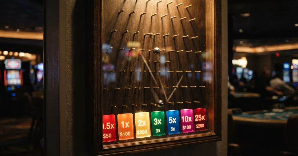 A Plinko ball falling through a triangular grid of pegs toward a row of coloured multiplier slots at the bottom of the board