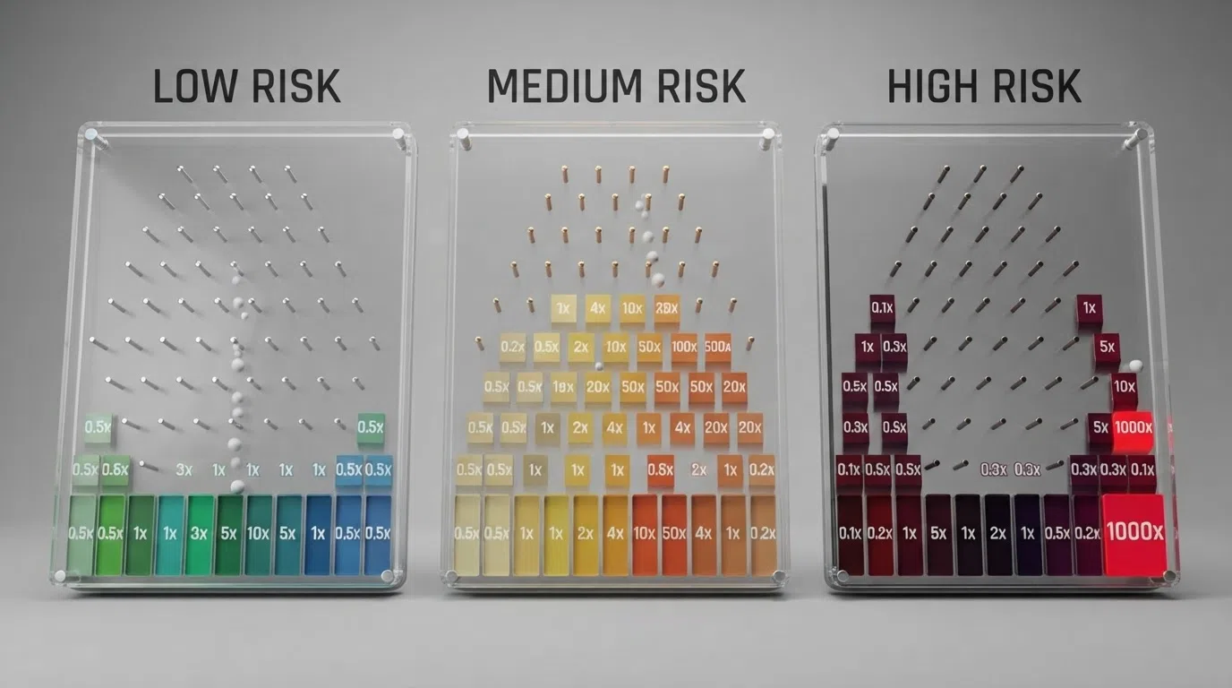 Three Plinko boards shown side by side with Low, Medium and High risk configurations — the Low board has many moderate multipliers, the High board pushes the biggest payouts to the edges