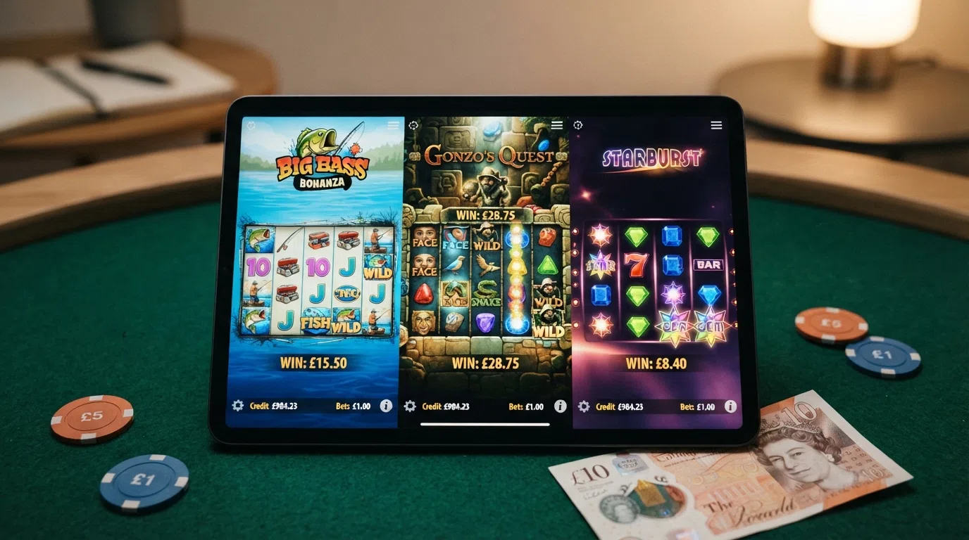 A grid of popular slot titles available at new UK casinos including Big Bass Splash, Book of Dead and Starburst