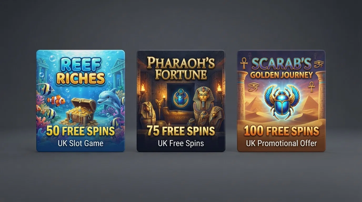 A grid of popular UK free-spin slot title cards including Big Bass Splash, Book of Dead and Eye of Horus with their RTP percentages displayed