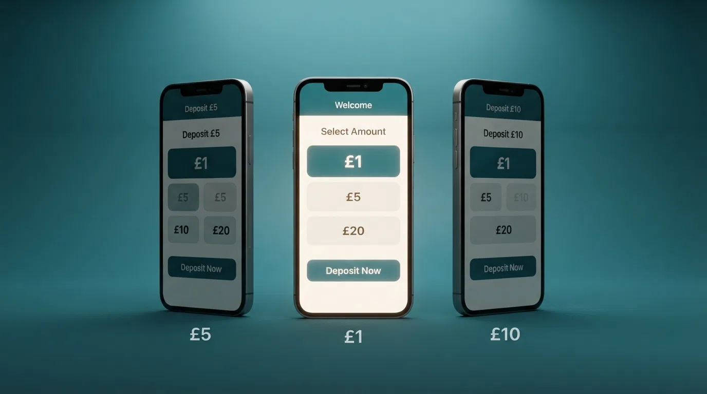 A side-by-side comparison of casino deposit screens showing £1, £5 and £10 minimums