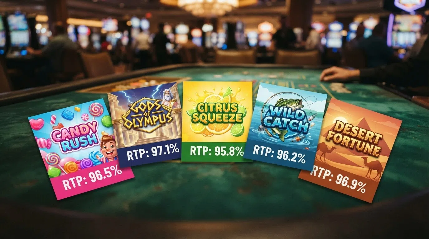 Five Pragmatic Play slot title cards arranged in a row — Sweet Bonanza, Gates of Olympus, Sugar Rush 1000, Big Bass Bonanza and Wolf Gold — each showing its RTP percentage beneath the title