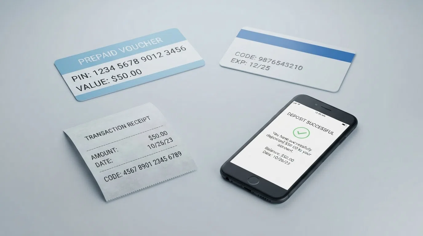Four prepaid payment methods for UK casino players — a Paysafecard voucher with its 16-digit PIN, a Neosurf card with its 10-digit code, a Flexepin receipt and a mobile phone displaying a deposit confirmation screen