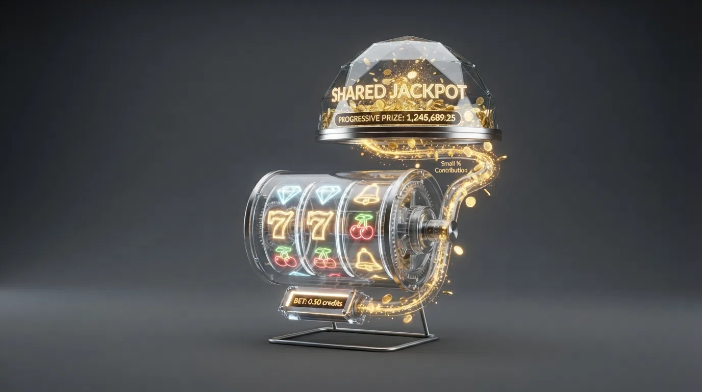 A diagram showing a small percentage of each bet flowing from a slot reel into a shared jackpot pool