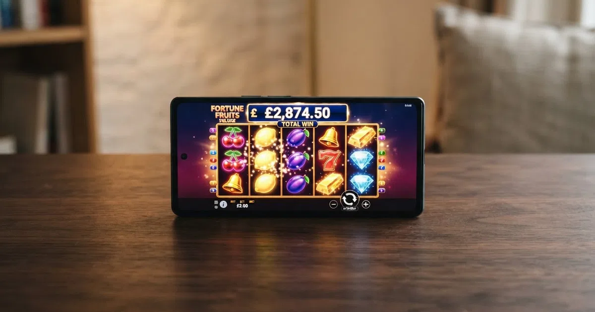 A progressive jackpot slot game screen with five reels showing colourful symbols and a large LED-style jackpot total displayed in pound sterling above the game grid