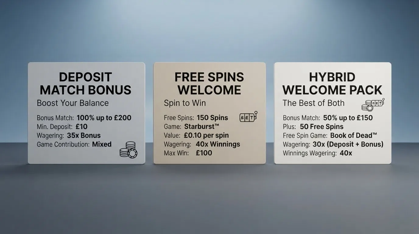 A side-by-side layout of UK casino welcome-offer cards showing bonus amounts, free-spin counts and wagering multipliers