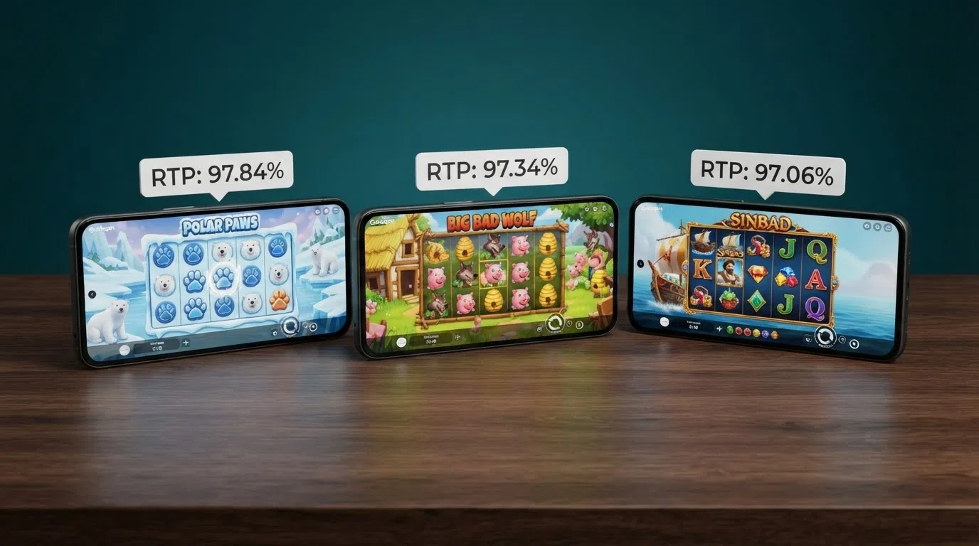 Three Quickspin slot reels side by side — Polar Paws, Big Bad Wolf, and Sinbad — with their RTP percentages displayed as overlaid callouts