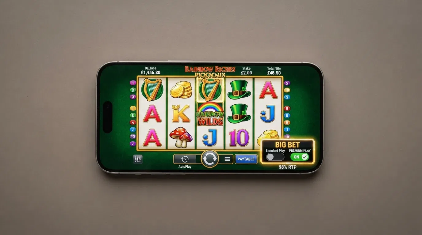 The Rainbow Riches Pick'n'Mix game screen showing the five reels, Irish-themed symbols and the Big Bet activation panel
