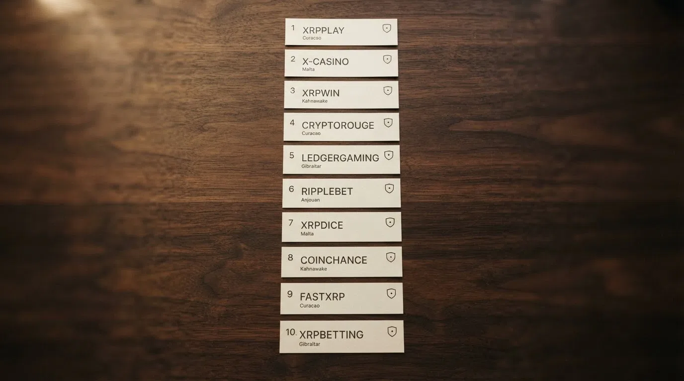 Ten casino name cards arranged as a ranked list, each with a small licence badge