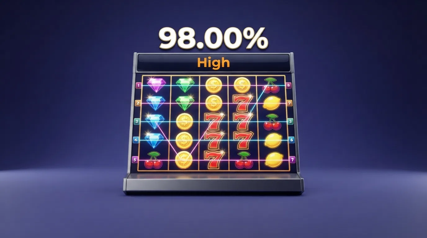 A slot game grid with its return-to-player percentage and volatility label visible
