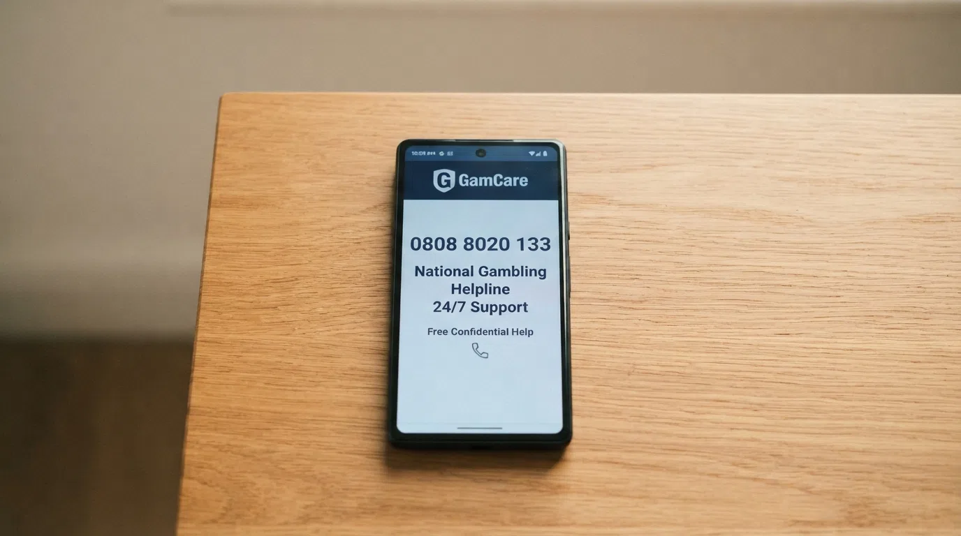 A helpline-style visual: a smartphone screen displaying the National Gambling Helpline number 0808 8020 133 against a calm, neutral background, with a headset icon and the GamCare logo visible