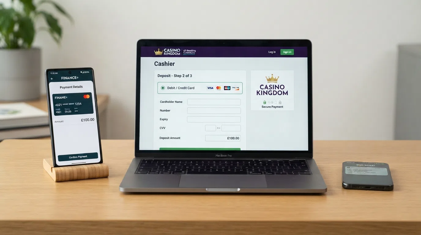 A step-by-step visual of the Revolut-to-casino deposit flow: Revolut app card details screen, casino cashier page with Visa/Mastercard selected, and a deposit-confirmation notification