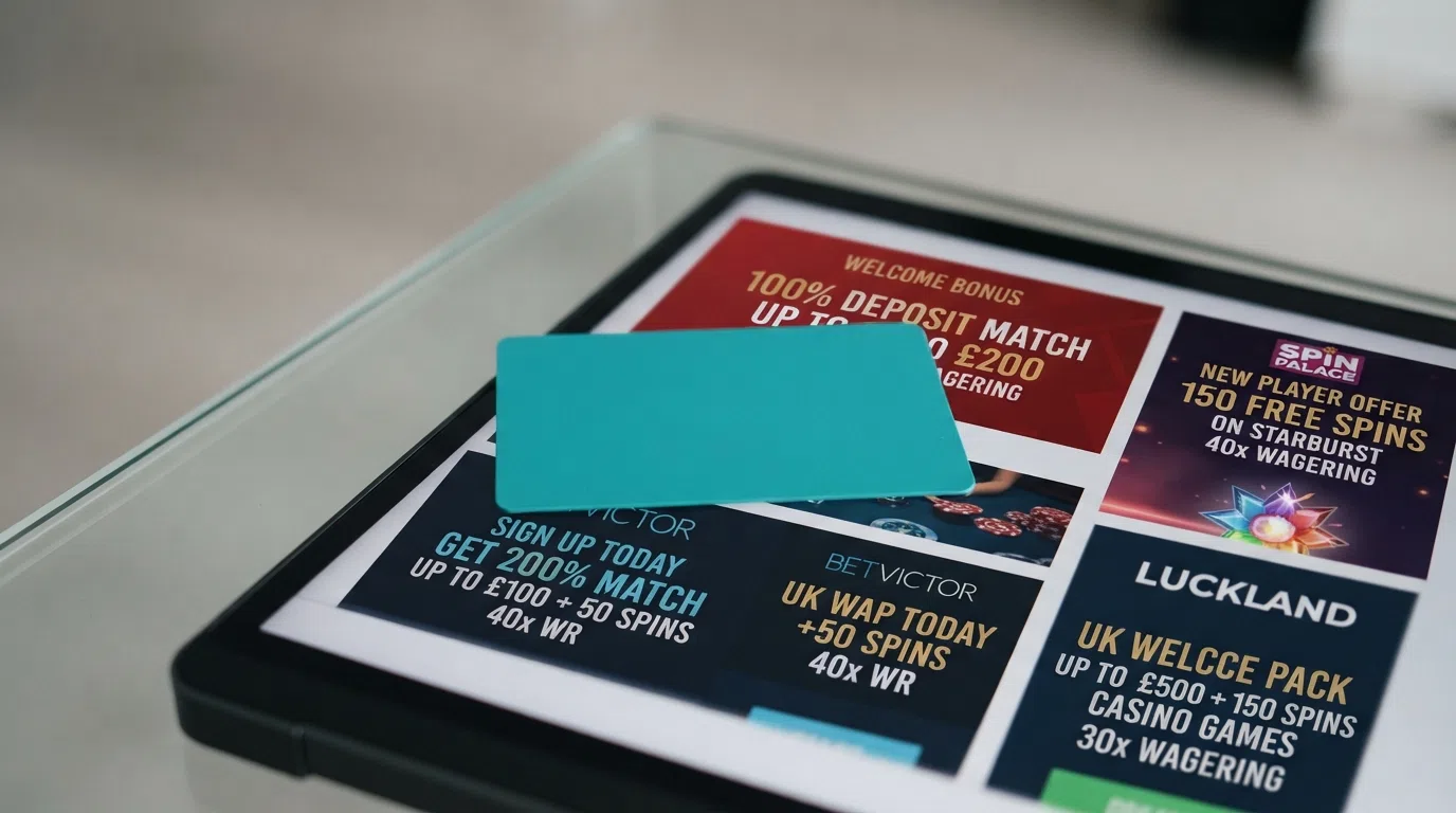 A grid of UK casino welcome-offer banners showing free-spin counts, deposit-match percentages, and wagering-multiplier labels, with a Revolut card visible in the foreground