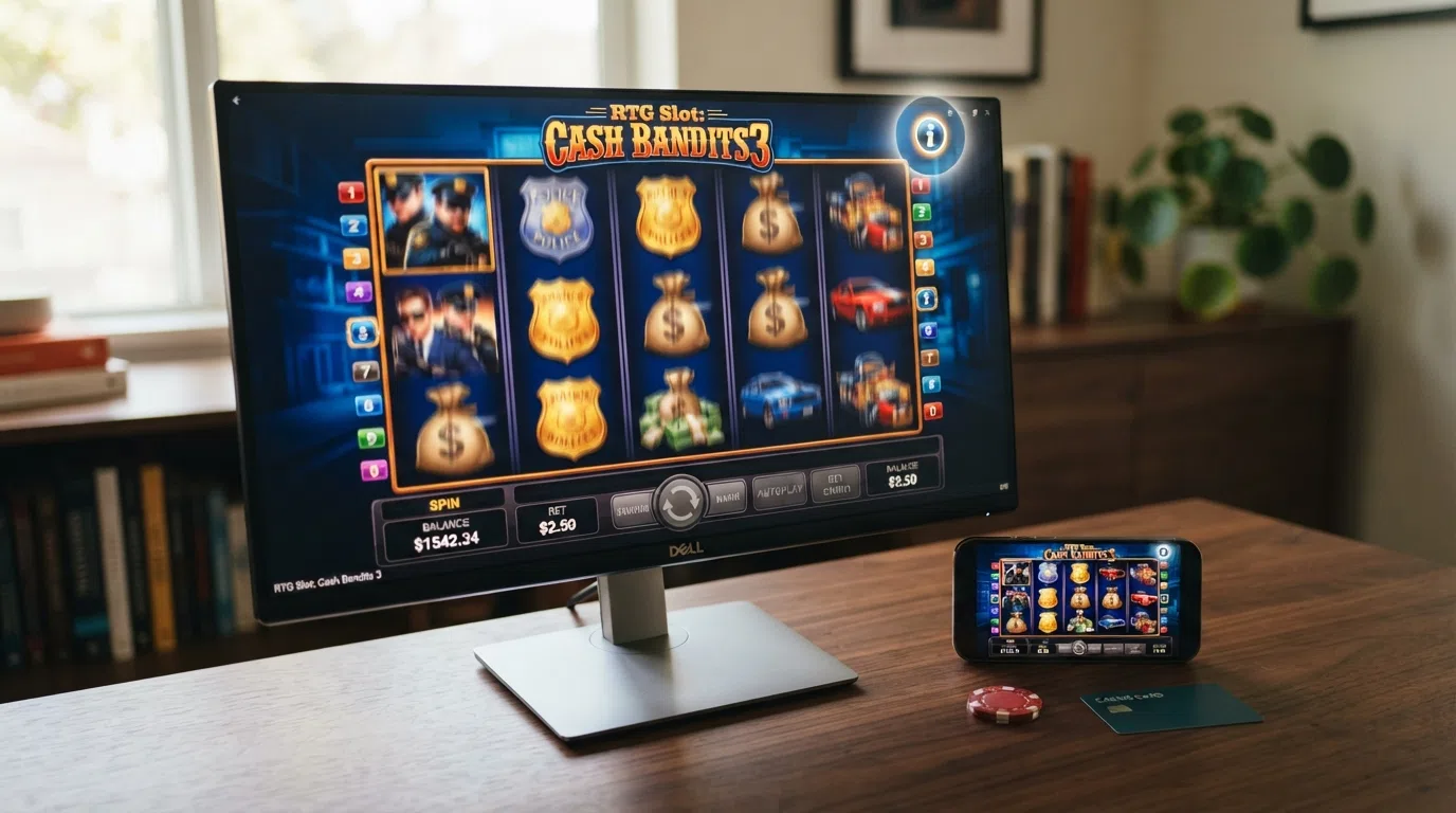 RTG slot game interface showing reels paylines spin button and an in-game help icon