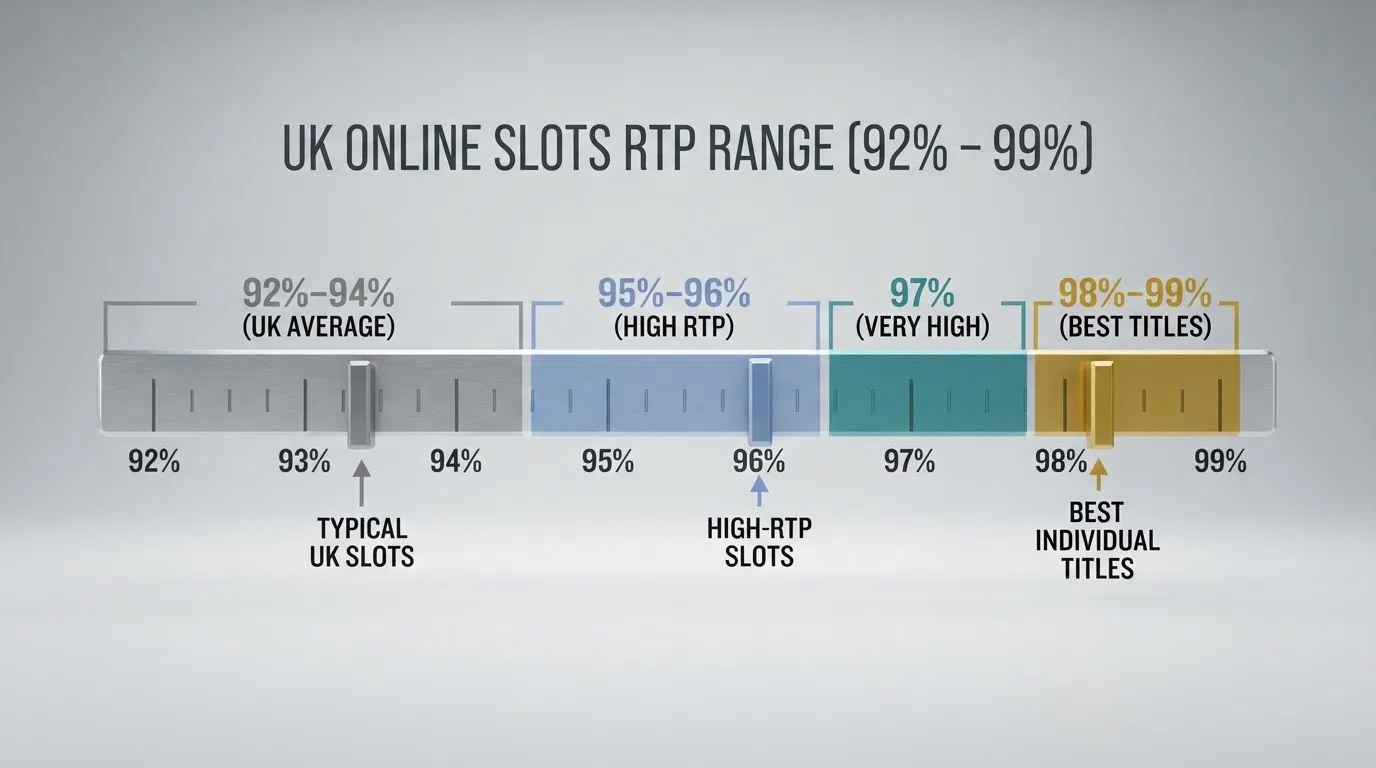 A visual scale from 92% to 99% showing where typical UK slots, high-RTP slots and the best individual titles sit on the return spectrum