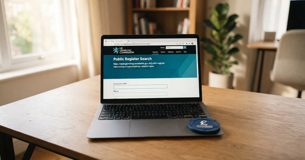 A close-up of a laptop screen showing the UK Gambling Commission public register search page with an operator's licence details displayed, a padlock icon visible in the browser address bar, and the UKGC logo in the page header