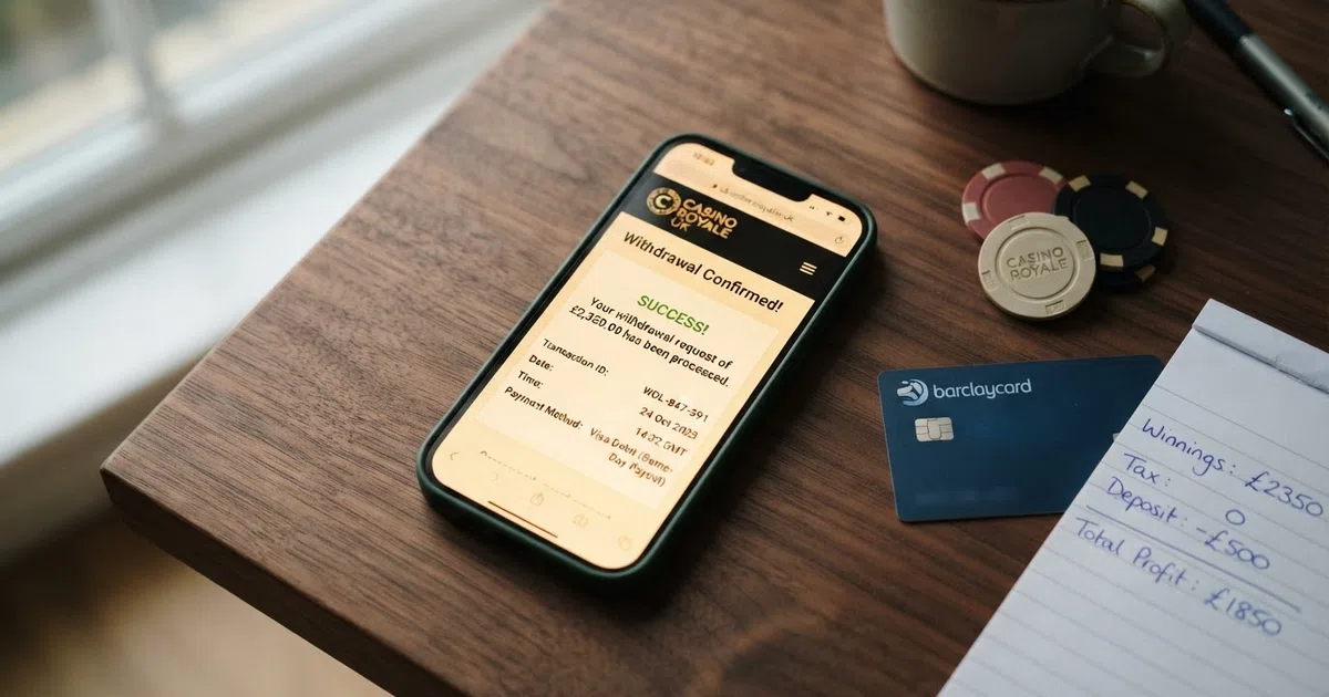 A smartphone screen showing a UK online casino cashier page with a withdrawal confirmation and a timestamp on the same calendar day