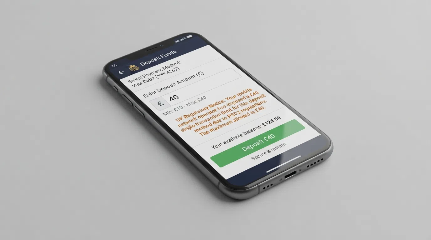 A close-up of a UK mobile phone screen showing a deposit amount entry field next to a network-imposed transaction cap warning