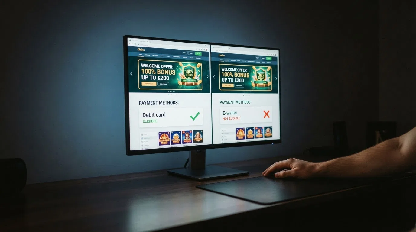 A split-screen comparison: one side shows a casino promotions page with a welcome bonus banner and a green tick beside debit card; the other side shows the same banner with a red cross beside the Skrill logo
