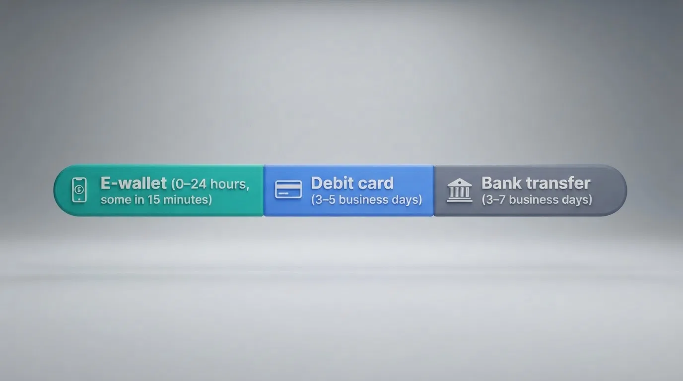A timeline infographic comparing withdrawal speeds: Skrill (0–24 hours, some in 15 minutes), debit card (3–5 business days), and bank transfer (3–7 business days)