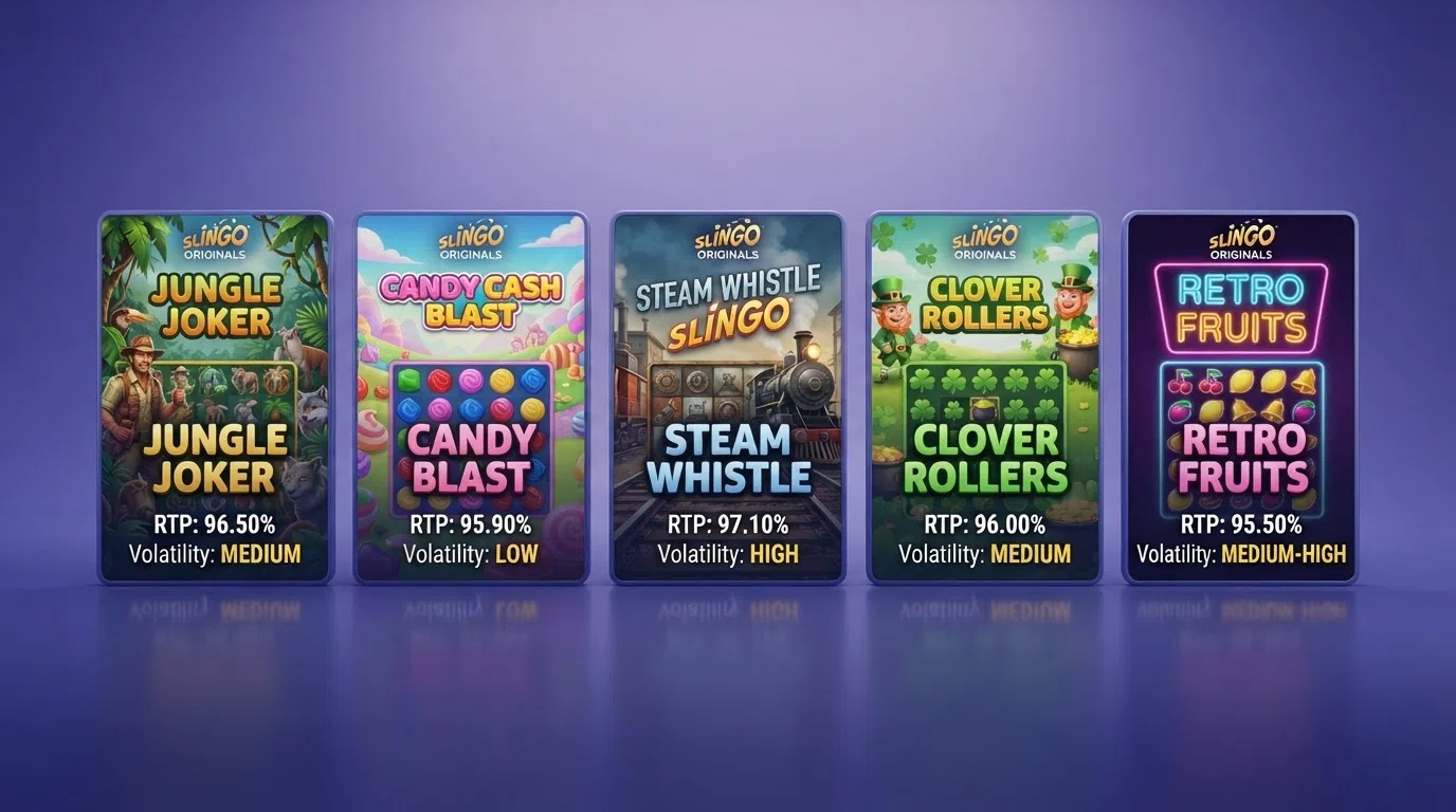 A horizontal row of Slingo Original title cards — Inca Trail, Sweet Bonanza, Money Train, Rainbow Riches and Reel King — with their RTP percentages and volatility labels overlaid on each card.