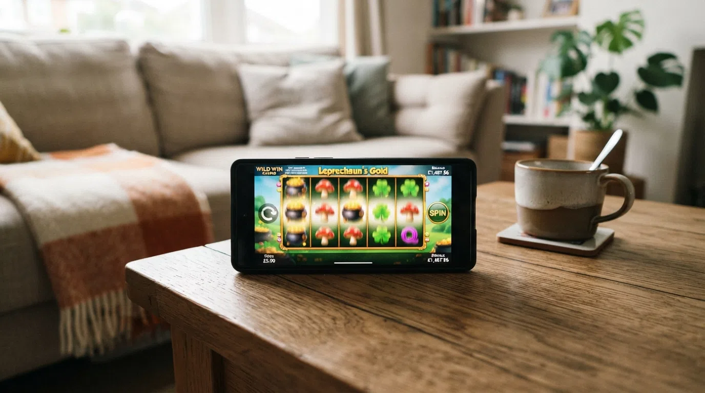 A mobile phone showing an online slot game reel with the stake and balance display visible, in a well-lit home setting