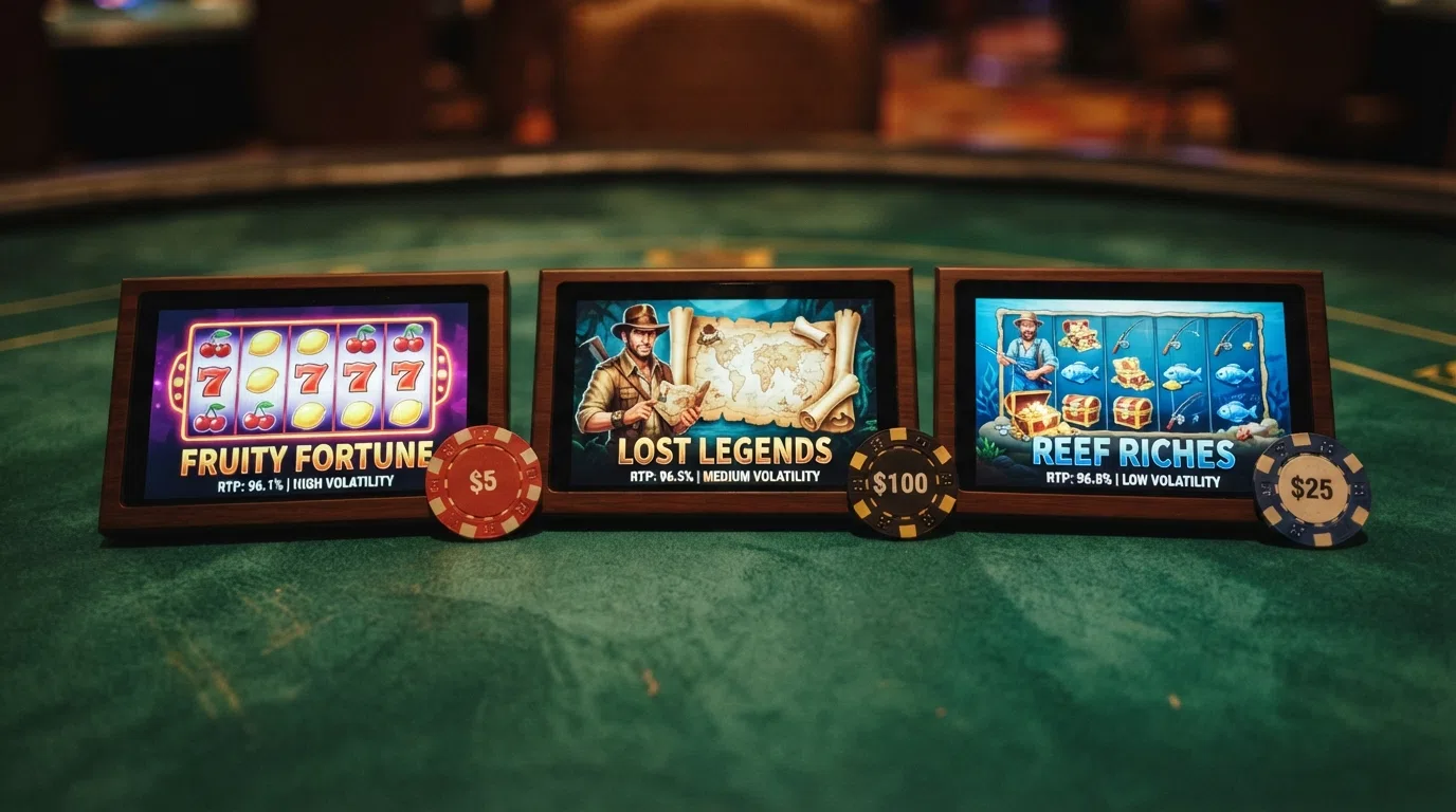 Three slot game tiles — Starburst, Book of Dead and Big Bass Bonanza — arranged with their RTP percentage and volatility rating displayed beneath each title