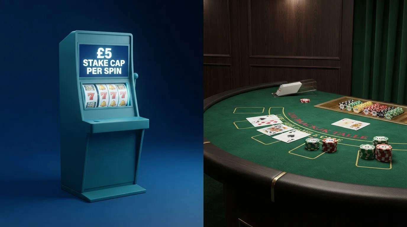 Split-screen showing a slot game with a £5 stake cap notice on the left and a live blackjack table with high-limit chips on the right