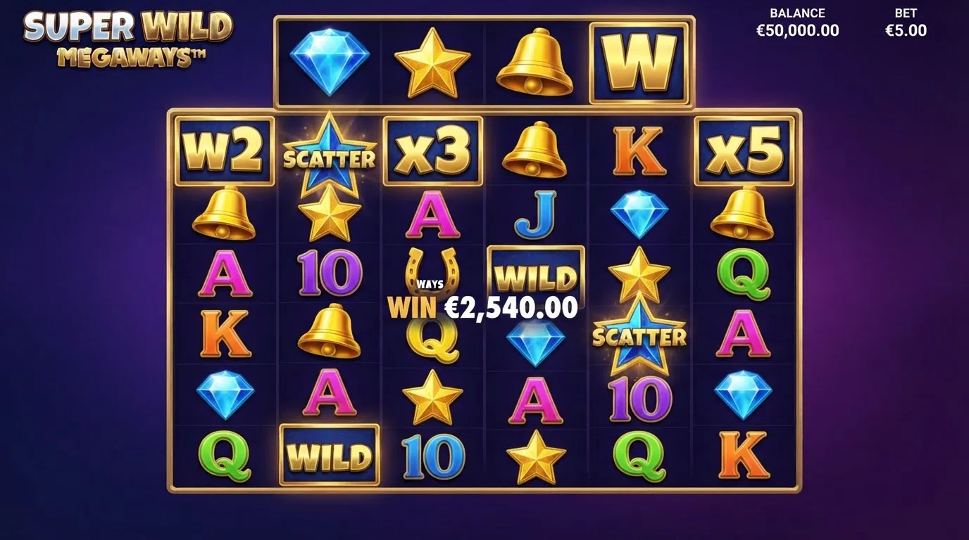 The reels of Super Wild Megaways in play, showing the six-reel Megaways layout with symbols lined up across the 117,649-ways grid