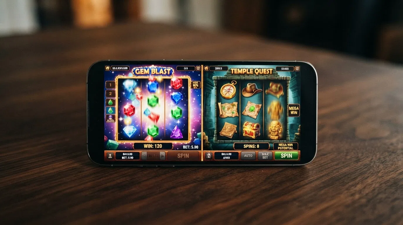 Starburst and Book of Dead slot reels spinning side by side on a mobile screen, showing their distinct gem and Egyptian visual styles