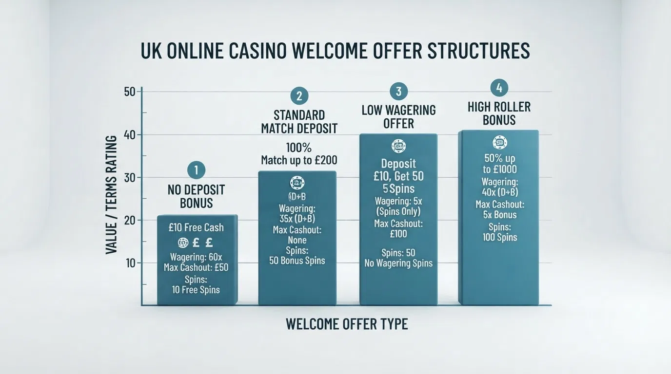 A comparison chart of ten UK casino welcome offers with free spin counts and wagering figures