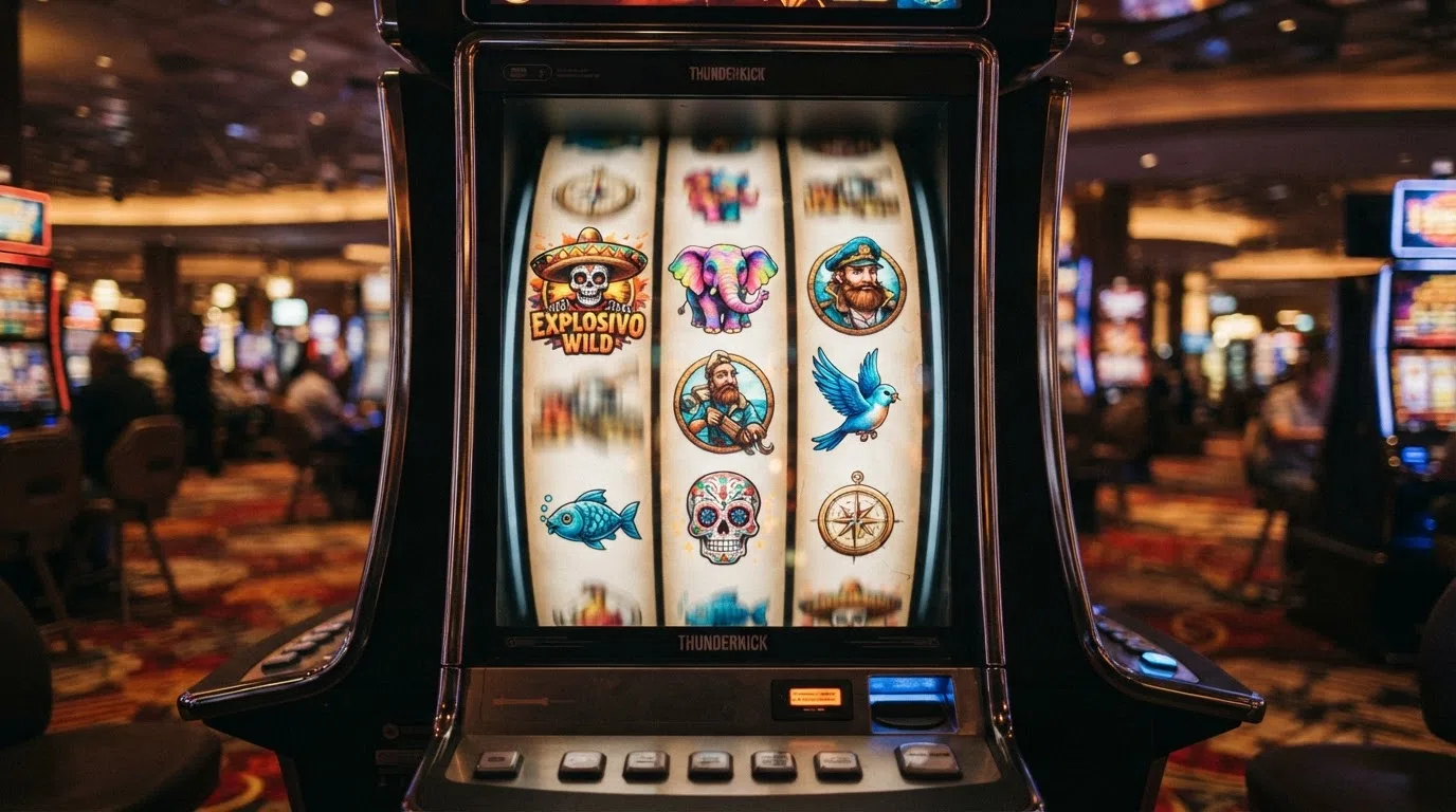 A close-up of a Thunderkick slot reel in play showing the distinctive character art and symbol design the studio is known for