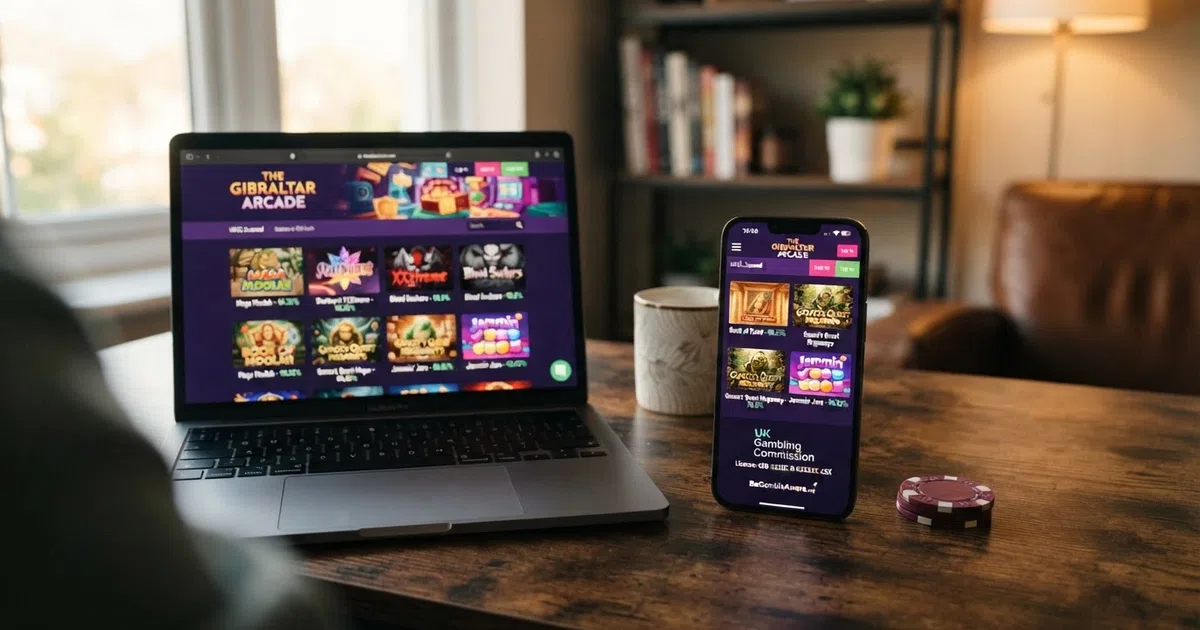 A desktop and mobile screen showing a UK-licensed online casino lobby with slot games, RTP percentages displayed beside each title, and a UKGC licence badge visible in the footer.