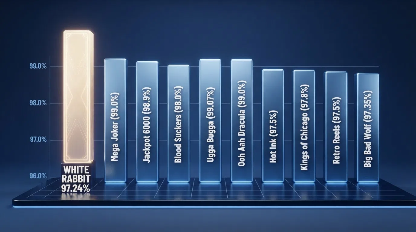 A visual ranking or grid of bonus buy slot title cards arranged by RTP, with the highest-RTP slots at the top