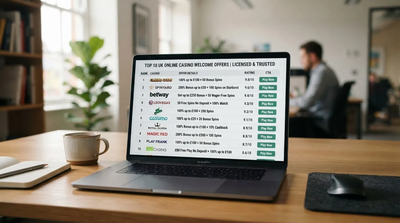 A comparison list of ten UK casino welcome screens, each showing its licence and its spin offer