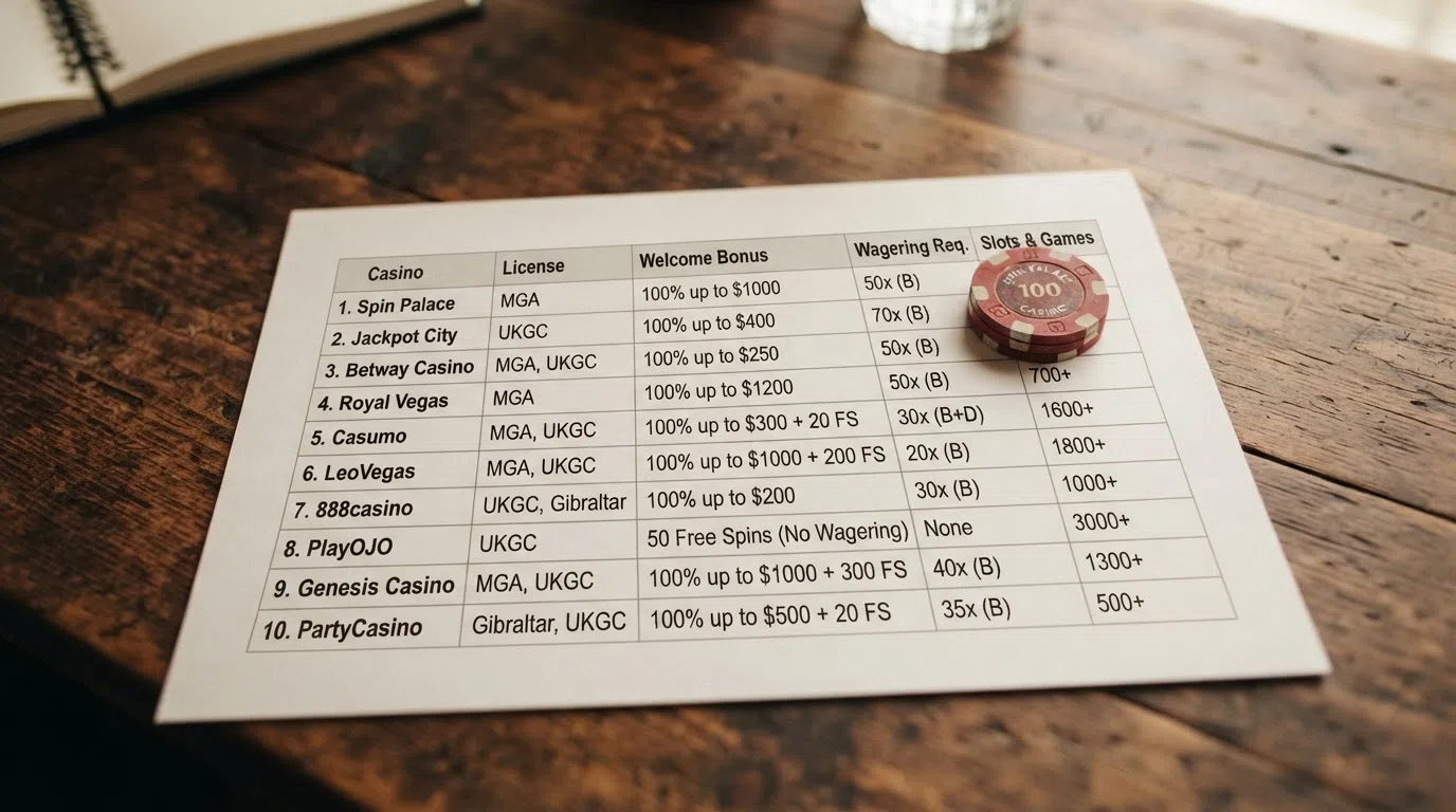 A comparison table of ten casino names beside licence and bonus figures