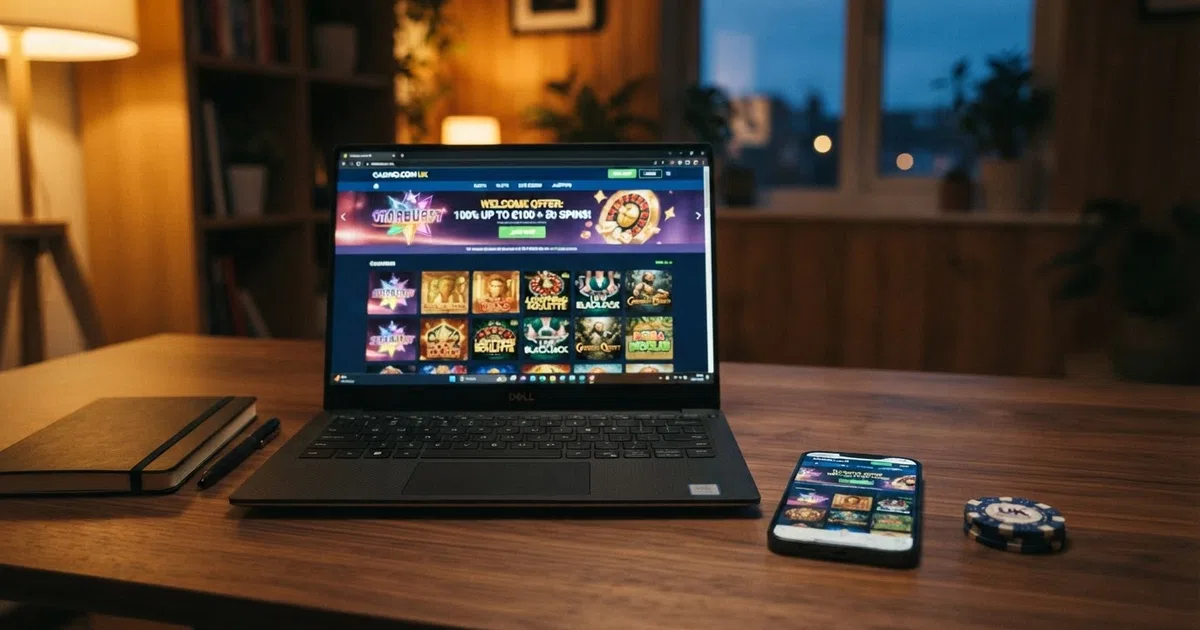 A laptop and smartphone screen side by side, each showing a UK online casino homepage with a welcome-offer banner and a game-lobby grid visible