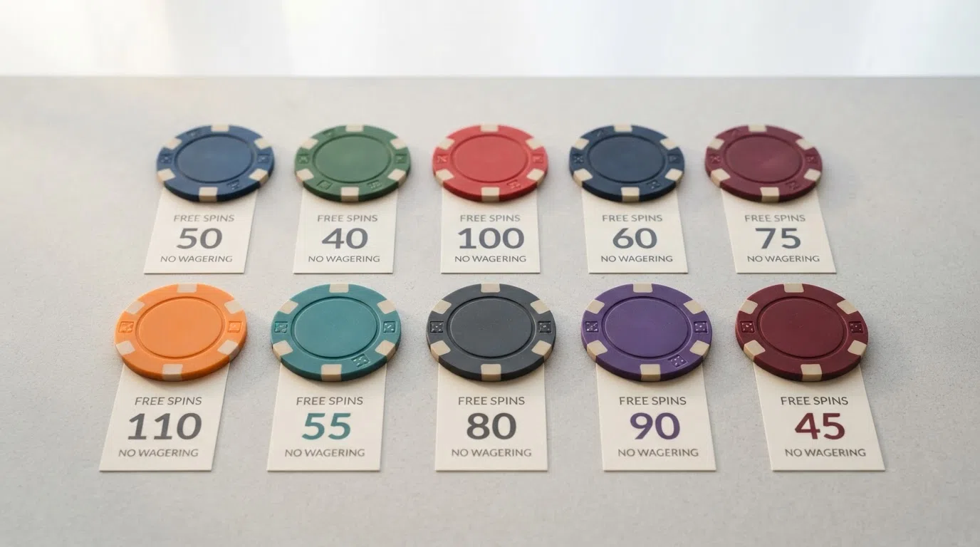A grid of ten UK casino brand logos arranged in two rows of five on a clean background, each logo sitting above its free-spin count in a small tag