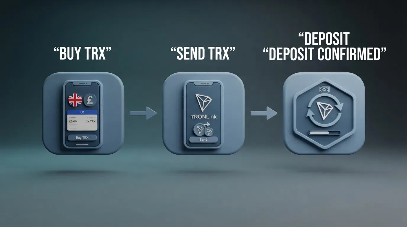 A simplified diagram showing the three-step flow from a UK exchange (Coinbase/Kraken) through a TRON wallet (TronLink) to a casino deposit address, with confirmation time and fee labelled at each step