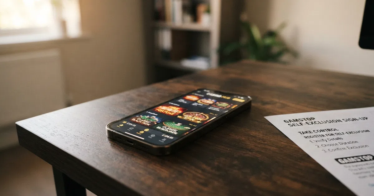 A casino lobby on a phone screen beside a GamStop self-exclusion sign-up page