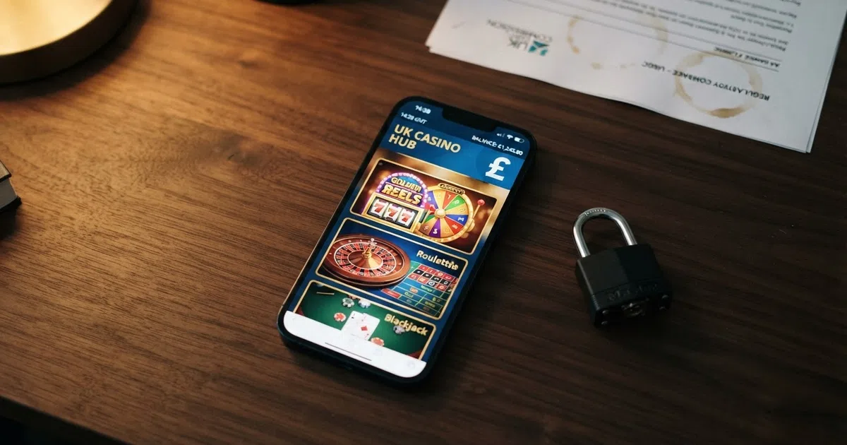 A smartphone screen displaying a UK online casino lobby beside a Gambling Commission logo and a visible padlock icon in the browser address bar
