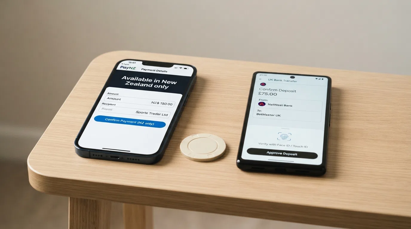 A side-by-side comparison of a POLi payment screen on the left marked "New Zealand only" and a Trustly open-banking deposit screen on the right showing a UK bank confirmation