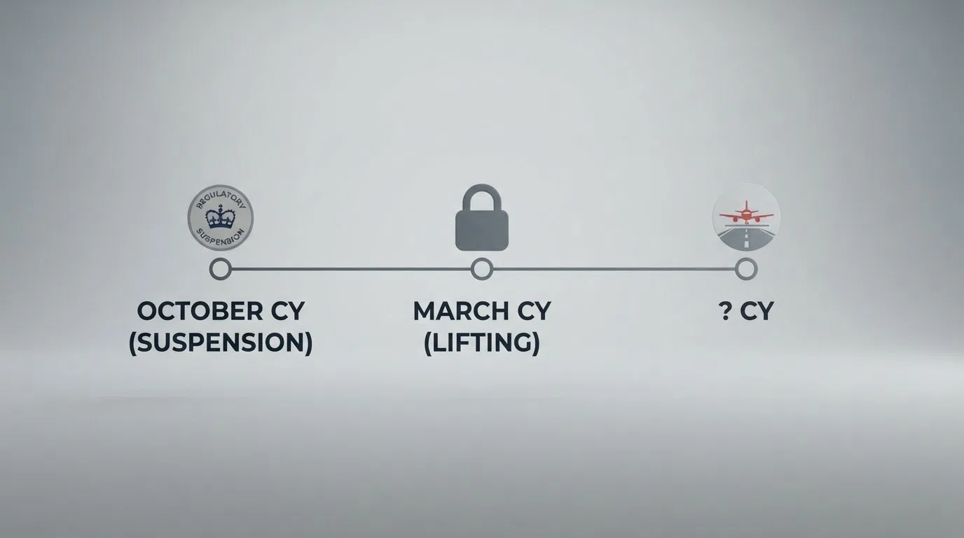 A simple timeline showing three dates — October 2026 (suspension), March 2026 (lifting), and a question mark over “2026”, with icons for the UKGC logo, a padlock, and a plane grounded on a runway