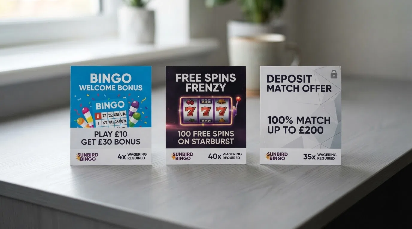 A side-by-side comparison-style graphic showing three stylised welcome-offer cards — one with a bingo ticket, one with a free-spins reel, and one with a deposit-match badge — each labelled with a different wagering multiple beneath it