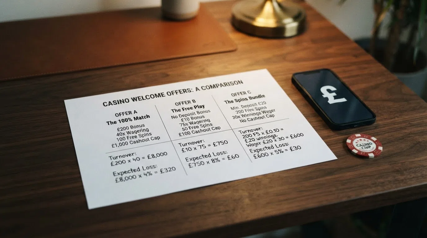 A comparison layout showing three welcome offers side by side — free-spin count, wagering multiplier and cashout cap — with the real turnover and expected-loss figures calculated beneath each one