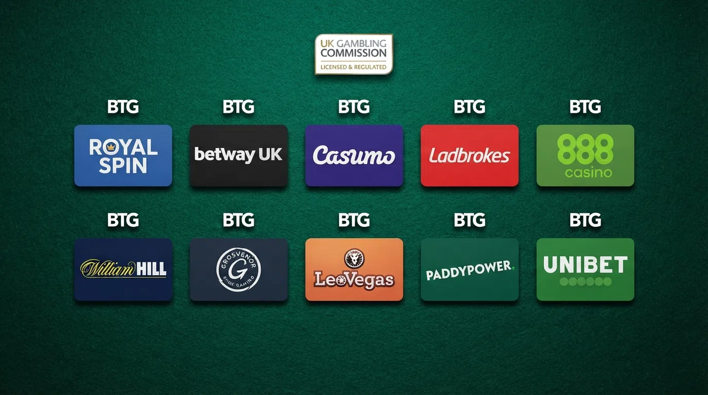 The logos of ten UK-licensed online casinos arranged in a grid, each beneath a small UKGC licence badge, with the BTG provider logo centred above them