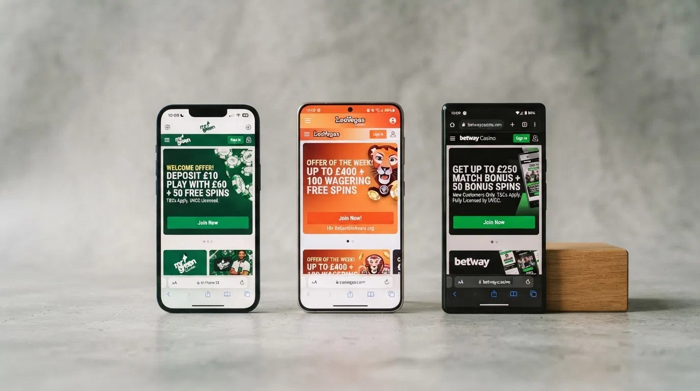 A side-by-side layout of three casino app home screens on different smartphones, each showing a different welcome-offer banner